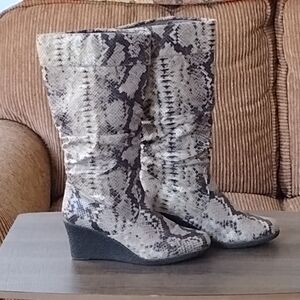 CURATIONS Scrunched Faux Snakeskin Wedge Heel Boots, 8M